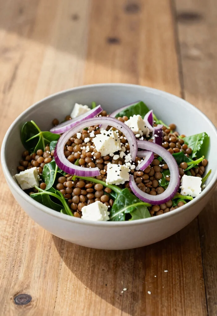 17 High Protein Gluten Free Meals for Muscle-Building - 10. Lentil Salad with Feta and Spinach 1