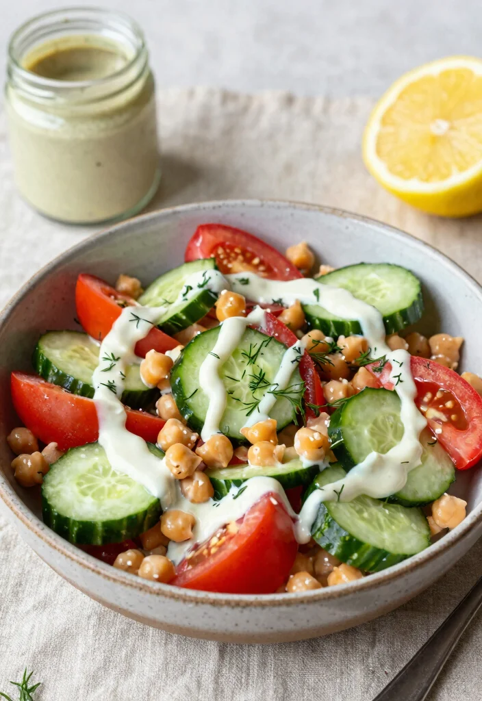 16 Mediterranean Cucumber Tomato Salad Recipes with Fresh Ingredients - 13. Cucumber Tomato Salad with Chickpeas and Lemon-Tahini Dressing 1