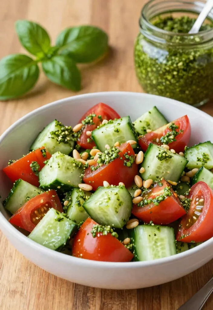 16 Refreshing Cucumber Tomato Salad Recipes with Vinegar and Fresh Herbs - 11. Cucumber Tomato Salad with Pesto Dressing 1