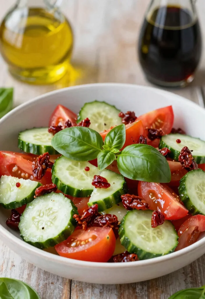 16 Refreshing Cucumber Tomato Salad Recipes with Vinegar and Fresh Herbs - 13. Cucumber Tomato Salad with Sun-dried Tomatoes and Basil 1