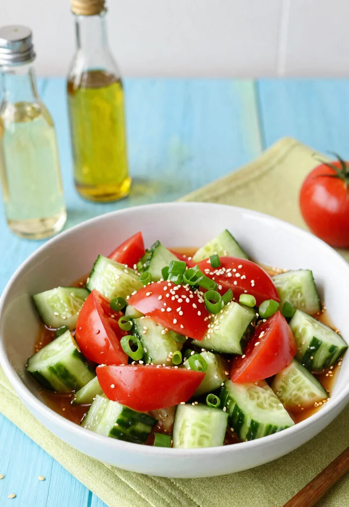 16 Refreshing Cucumber Tomato Salad Recipes with Vinegar and Fresh Herbs - 6. Asian Cucumber Tomato Salad with Rice Vinegar 1