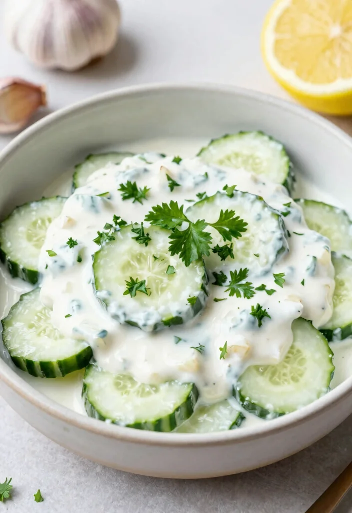 18 Delicious German Cucumber Salad Recipes (Traditional & Modern Styles) - 3. Creamy Garlic Cucumber Salad 1