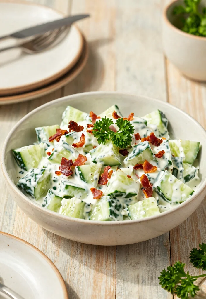 20 Creamy Cucumber Salad Recipes with Mayo or Sour Cream - 14. Creamy Cucumber Salad with Bacon 1