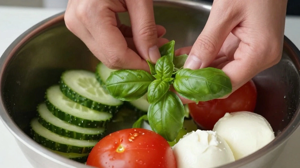 Cucumber Tomato Mozzarella Salad Caprese-Style - Step 5: Prepare Basil 1