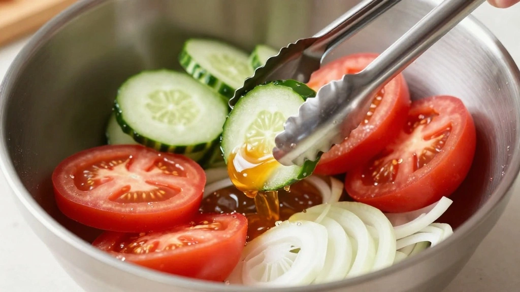 Cucumber Tomato Onion Salad with Light Vinegar Dressing - Step 6: Combine Vegetables and Dressing 1